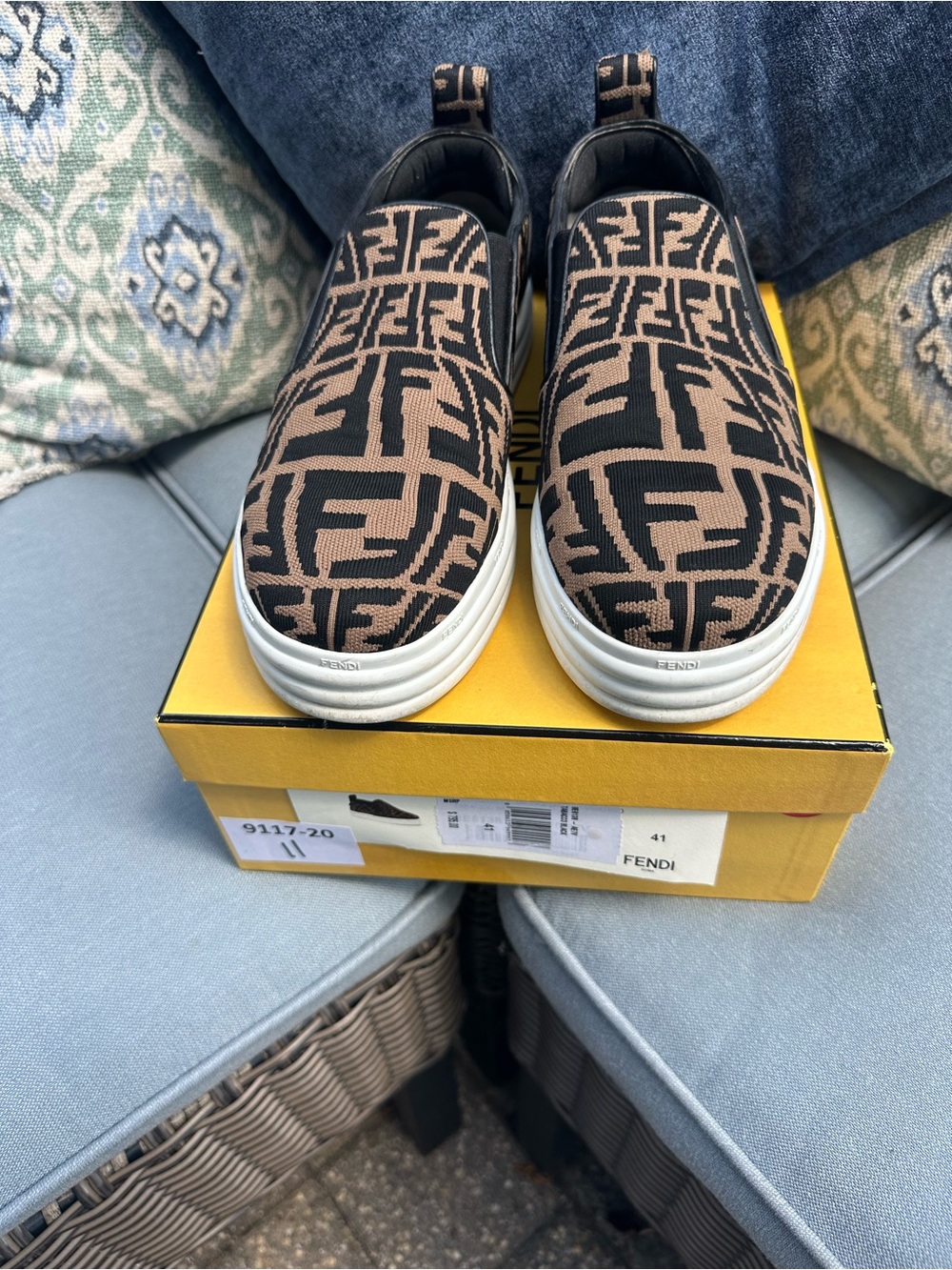 Fendi Brown & Black FF Logo Slip-On Sneakers Size 41